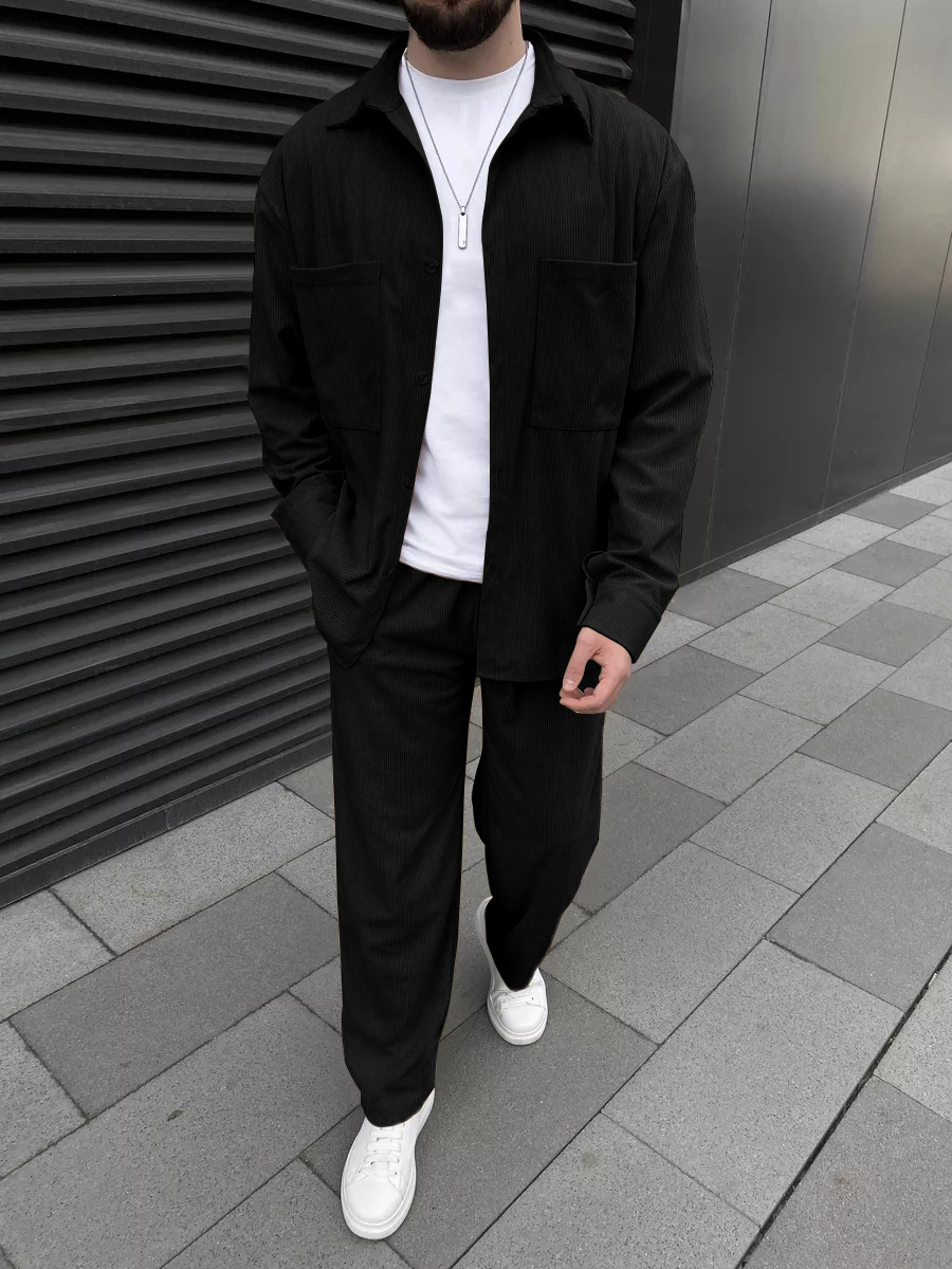 Street Fashion China - Men's corduroy two-piece outfit: long-sleeved button-down
