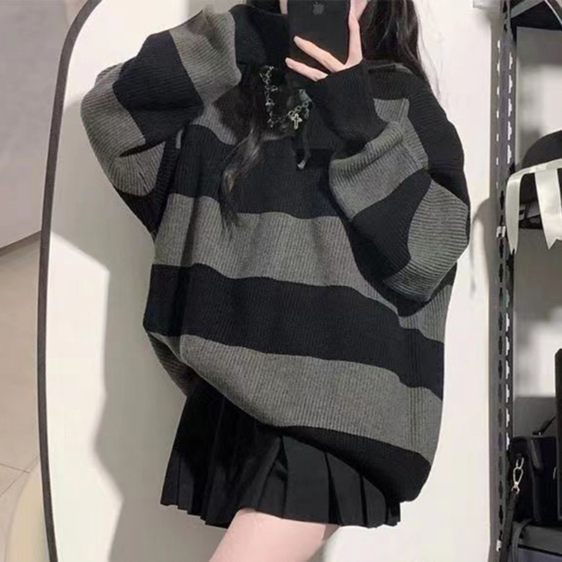 Street Fashion In Korea - Streetwear Striped Sweater Women Oversized Knitted