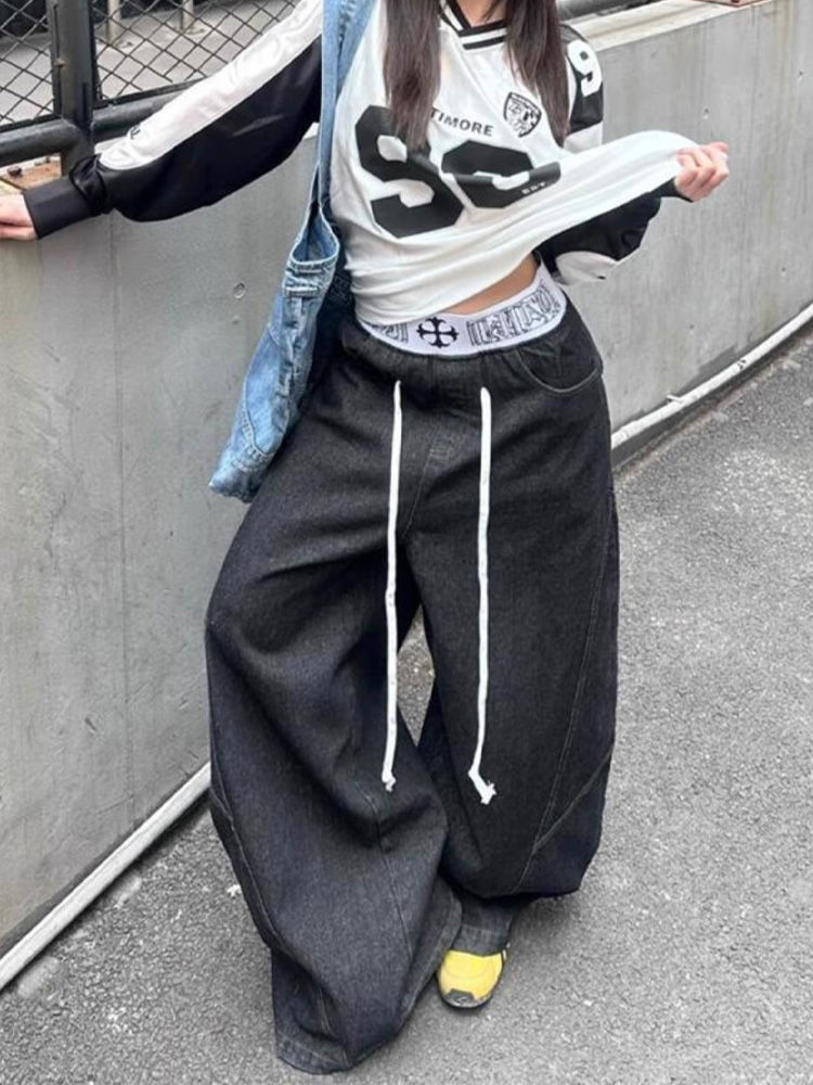 Street Fashion Jeans Women - American retro spliced waist jeans for