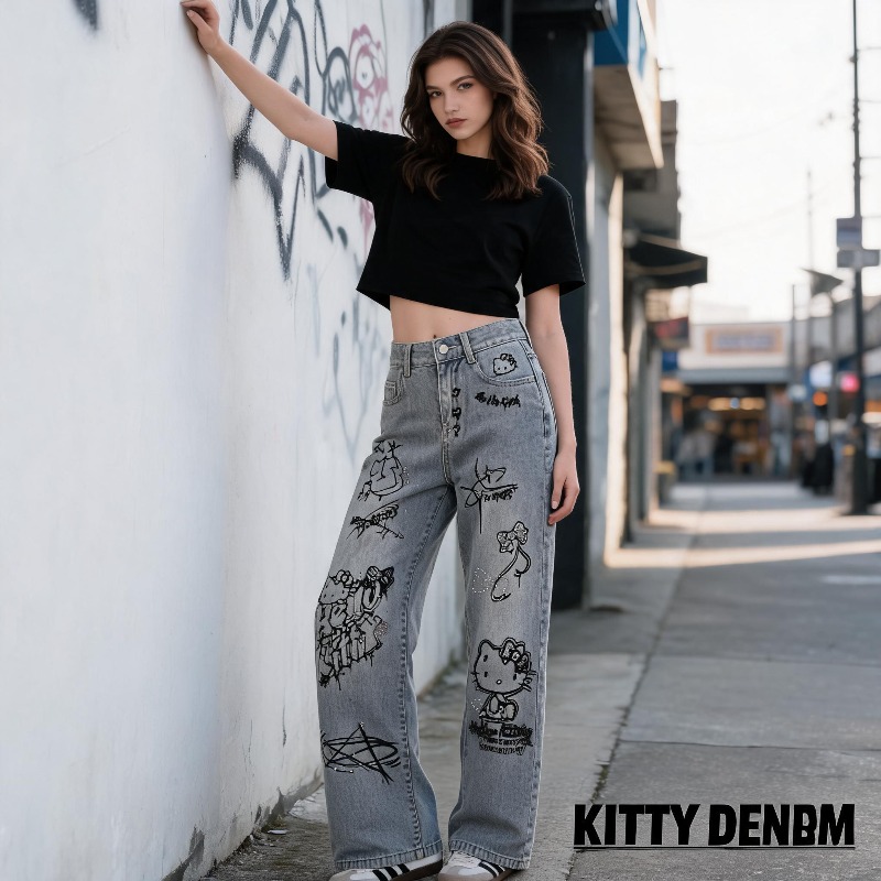 Cute Keiokitty Rhinestone Graf - Street Fashion Jeans Women ulasan dan harga