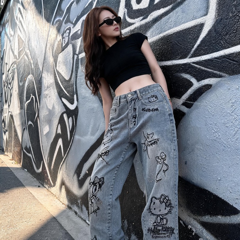 Cute Keiokitty Rhinestone Graf - Street Fashion Jeans Women ulasan dan harga