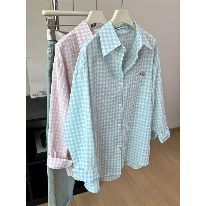 Embroidery Flower Plaid Design - Street Fashion In Korea ulasan dan harga