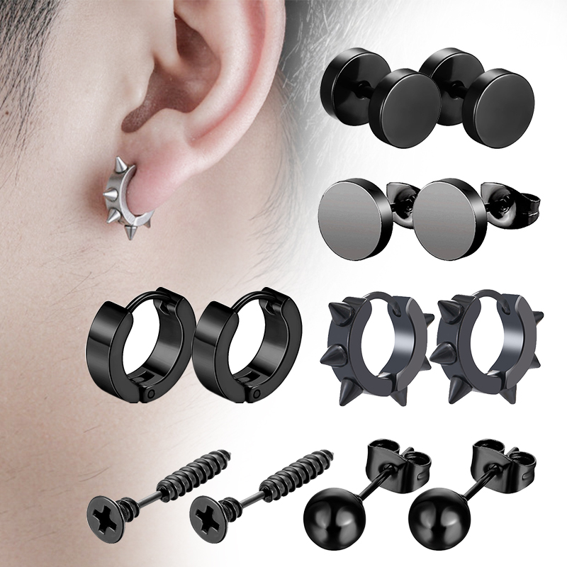 6 Pairs Black Unisex Earrings  - Street Fashion Earrings ulasan dan harga