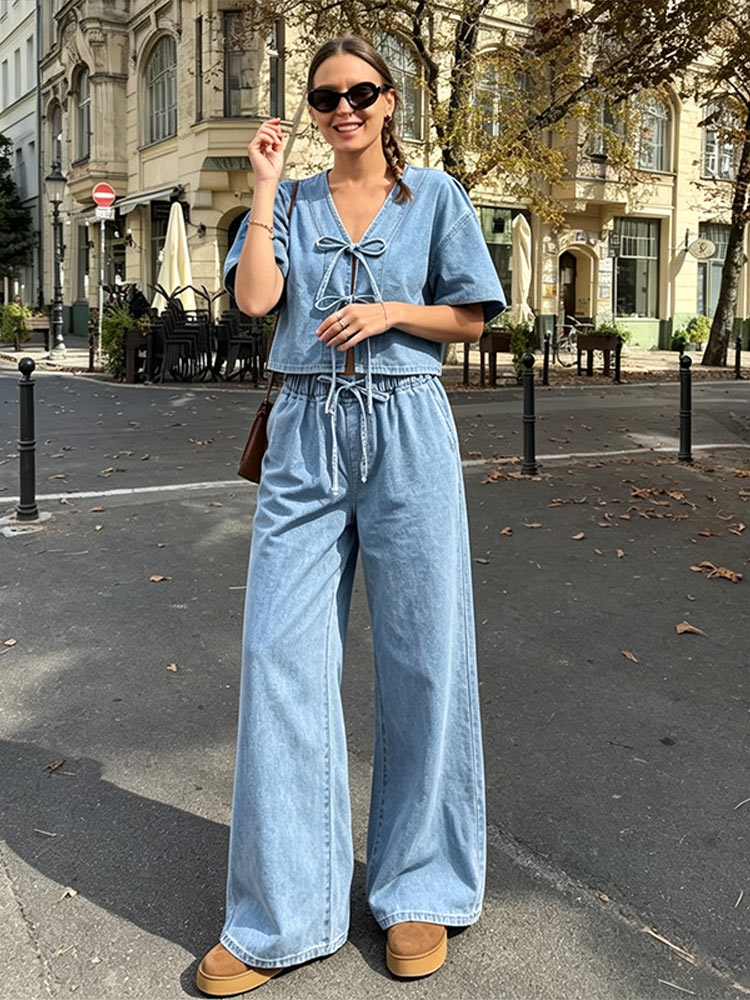Casual Short Sleeve V Neck Lac - Street Fashion Jeans Women ulasan dan harga
