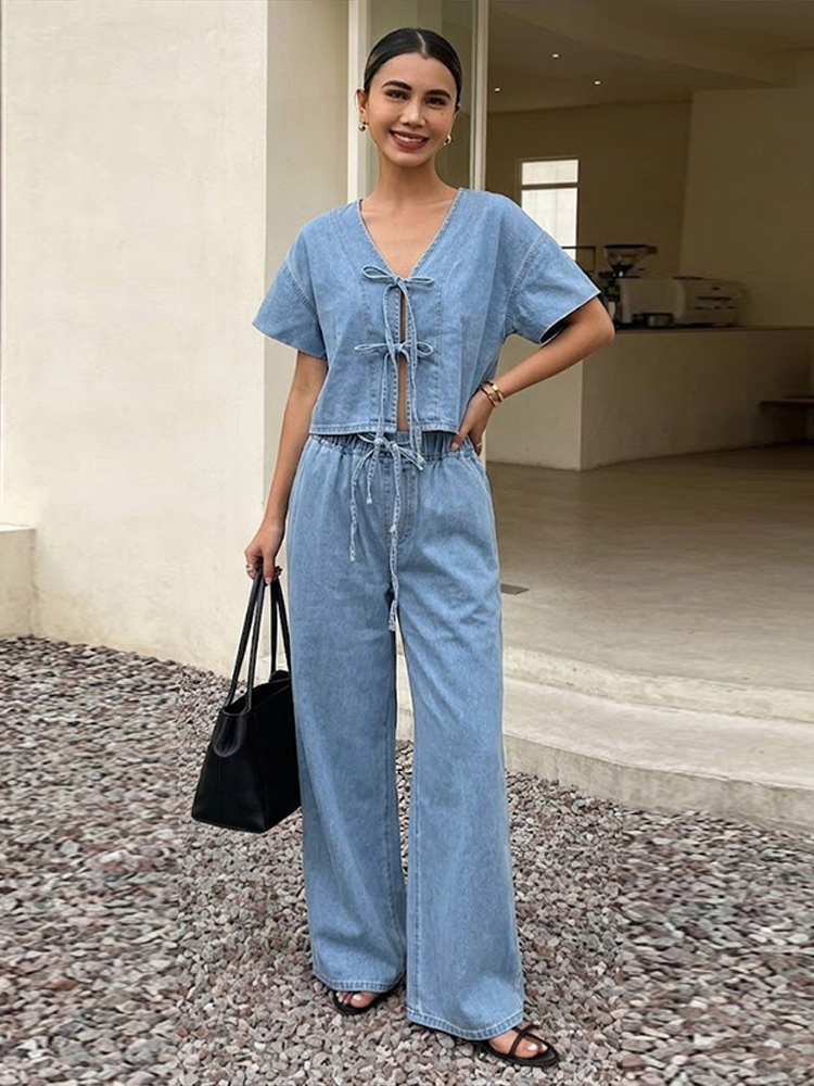 Casual Short Sleeve V Neck Lac - Street Fashion Jeans Women ulasan dan harga