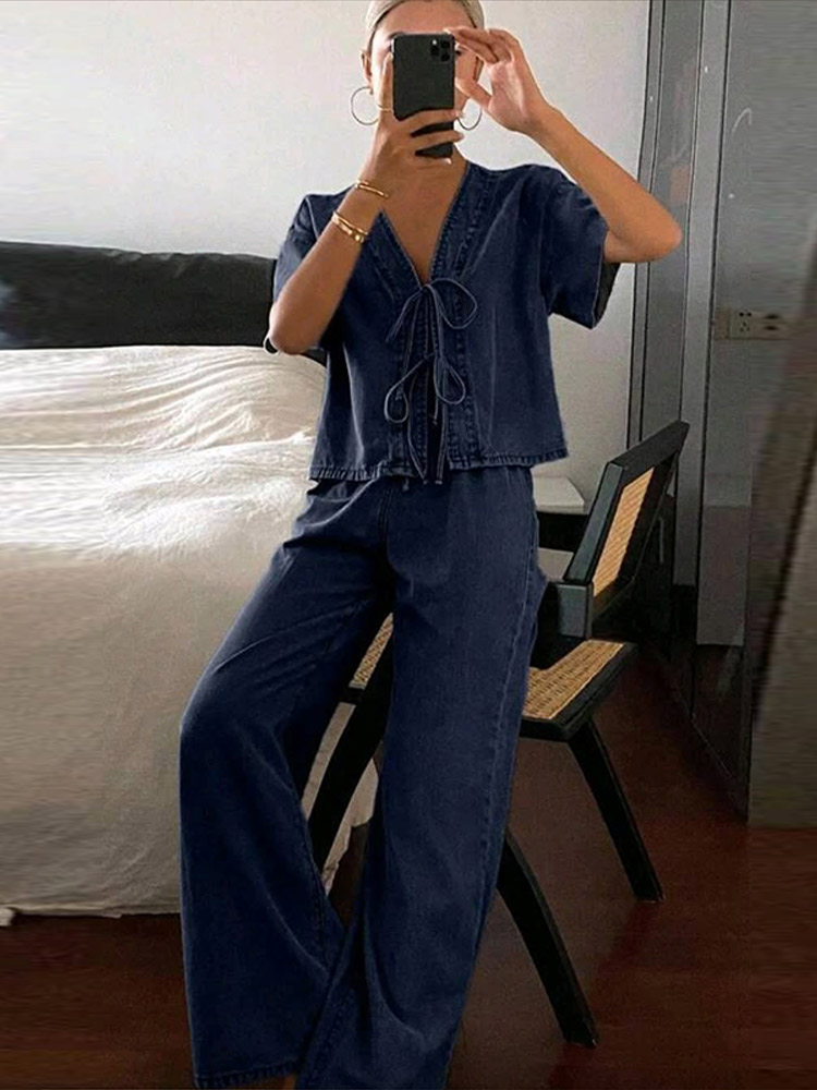 Casual Short Sleeve V Neck Lac - Street Fashion Jeans Women ulasan dan harga