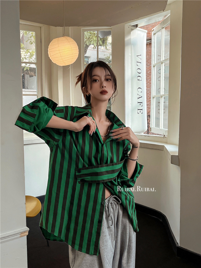 Korean striped shirt with asym - Street Fashion In Korea ulasan dan harga