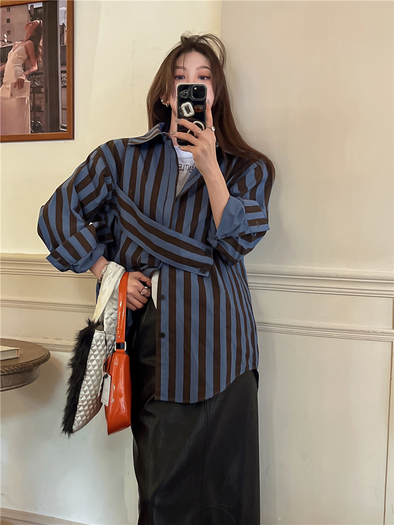Korean striped shirt with asym - Street Fashion In Korea ulasan dan harga