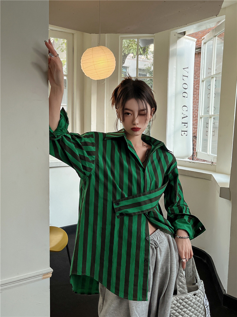 Korean striped shirt with asym - Street Fashion In Korea ulasan dan harga