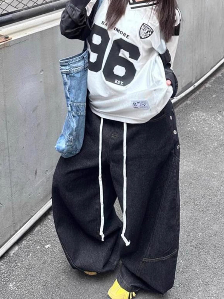 American retro spliced waist j - Street Fashion Jeans Women ulasan dan harga