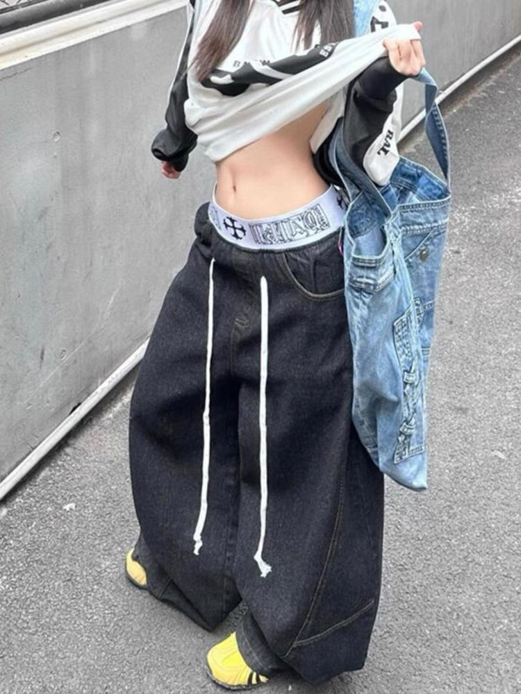 American retro spliced waist j - Street Fashion Jeans Women ulasan dan harga