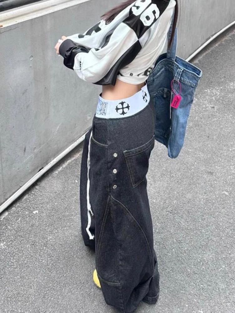 American retro spliced waist j - Street Fashion Jeans Women ulasan dan harga